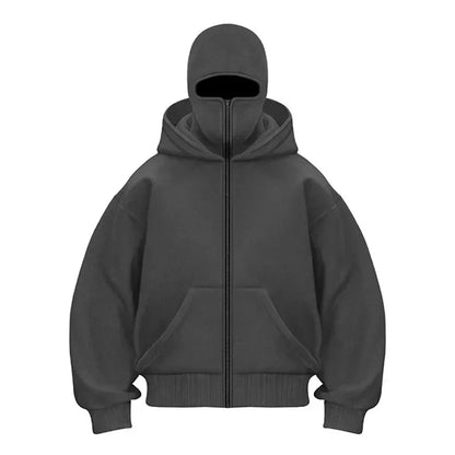 Balaclava Men Zip Hoodie Winter Warm Casual Sweatshirt Y2K with Hooded Face Mask Zipper Design Sports Jacket Outdoor Activities
